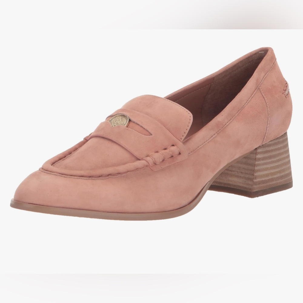 NEW Vince Camuto CARISSLA Sz 9.5 Leather or Suede Heeled Loafer Pumps Malva Pink